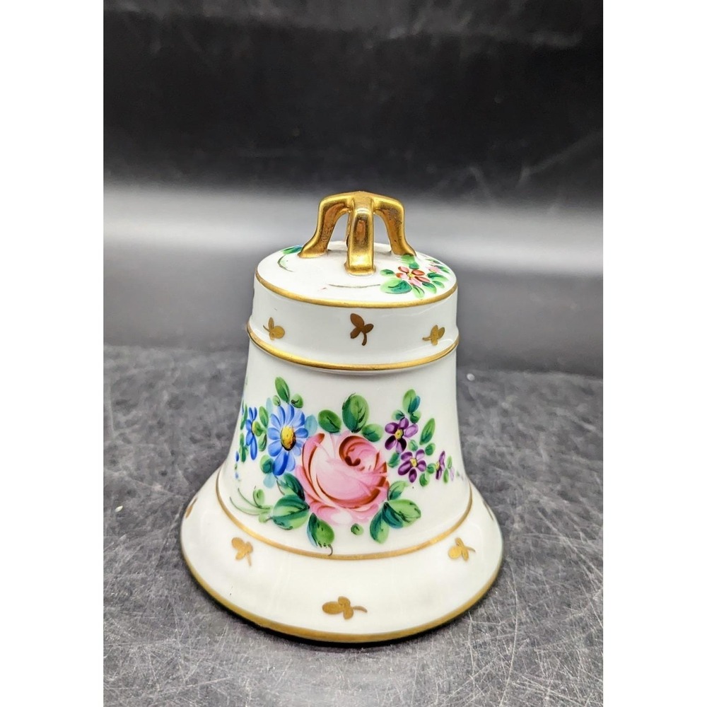 Antique Hand Painted French Porcelain‎ Bell Pink Rose Flower Signed 3.5"